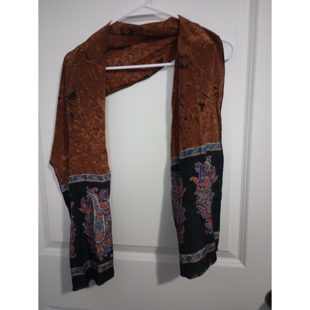 Vintage Bill Blass Silk Scarf 11x60 Paisley Border Rust Black Boho Fringe Oblong